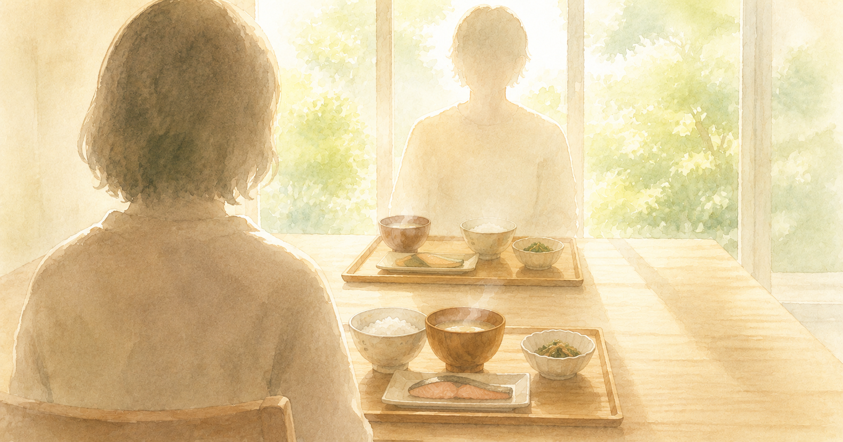 朝の食卓で向かい合うふたつの朝食膳 窓の外に庭の緑