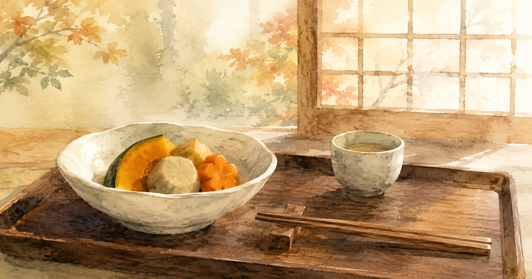 和食器に盛られた煮物と湯呑み 障子ごしの秋の光